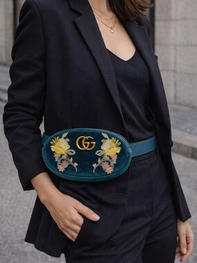 Gucci GG Marmont Velvet Floral Embroidered Belt Bag Teal Waist Bag